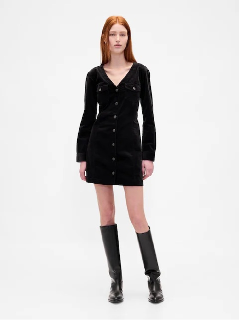 Gap velvet V-neck pocket button up black mini dress
